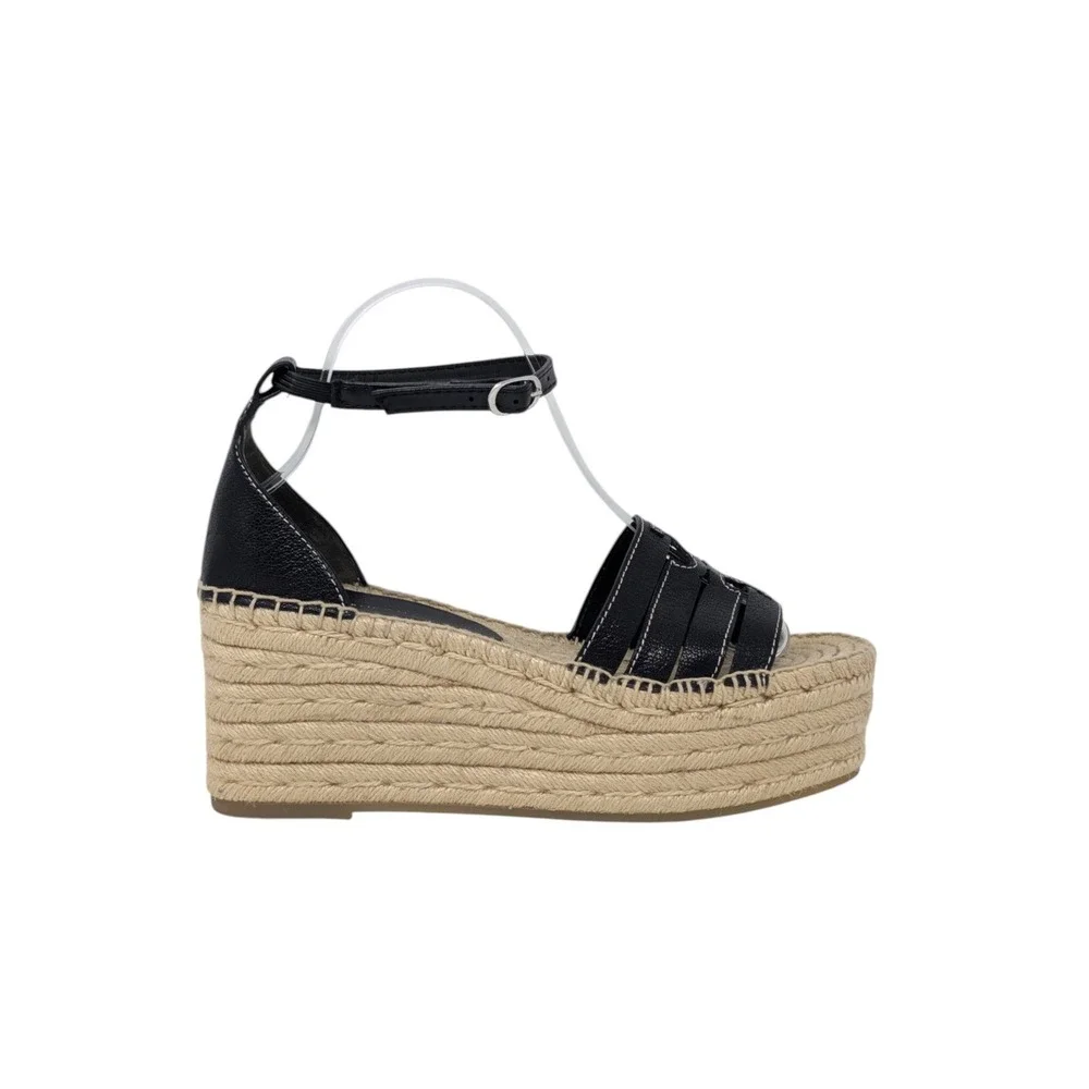 Tory Burch Ines Espadrille Wedge Sandals Black Leather Logo Size 8